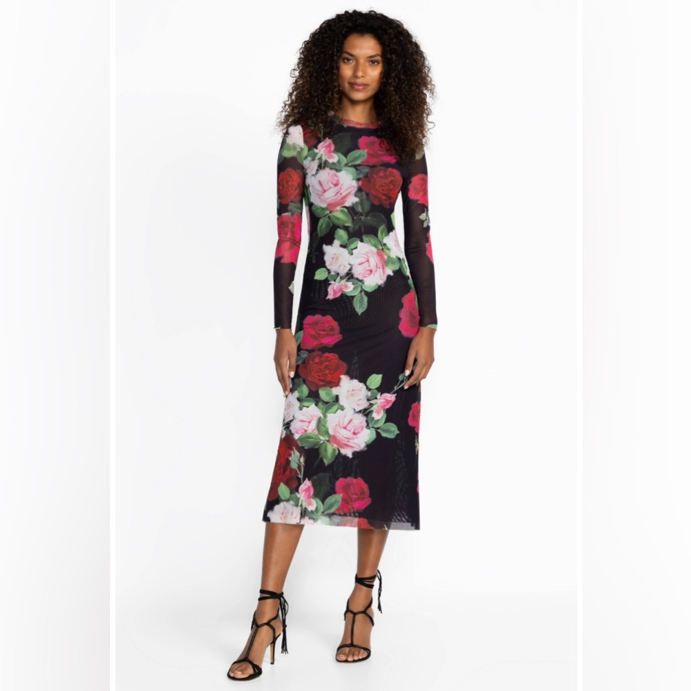 Johnny Was Black Floral Long Sleeve Dress with Pink & Red Roses